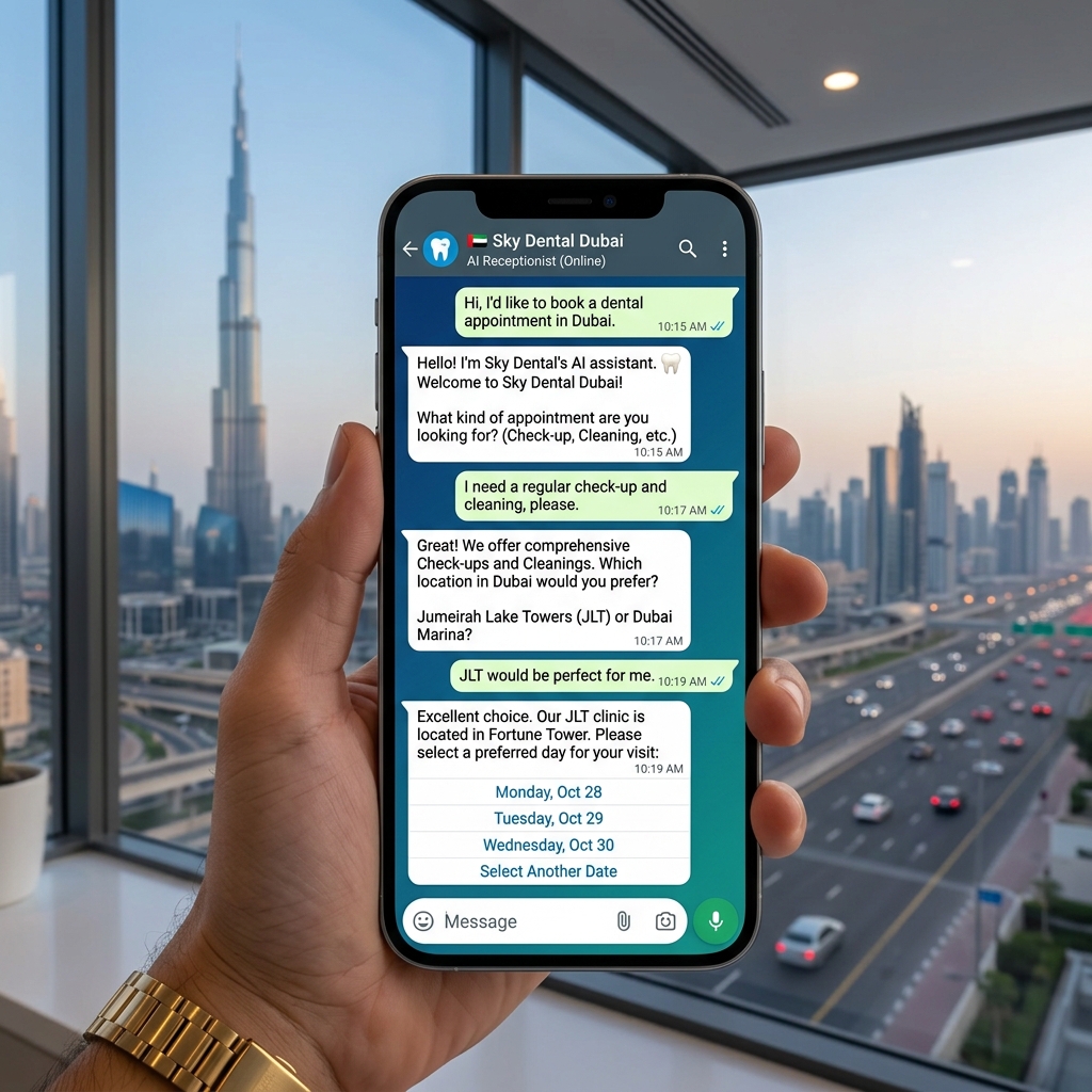 AI receptionist WhatsApp conversation booking a dental appointment in Dubai