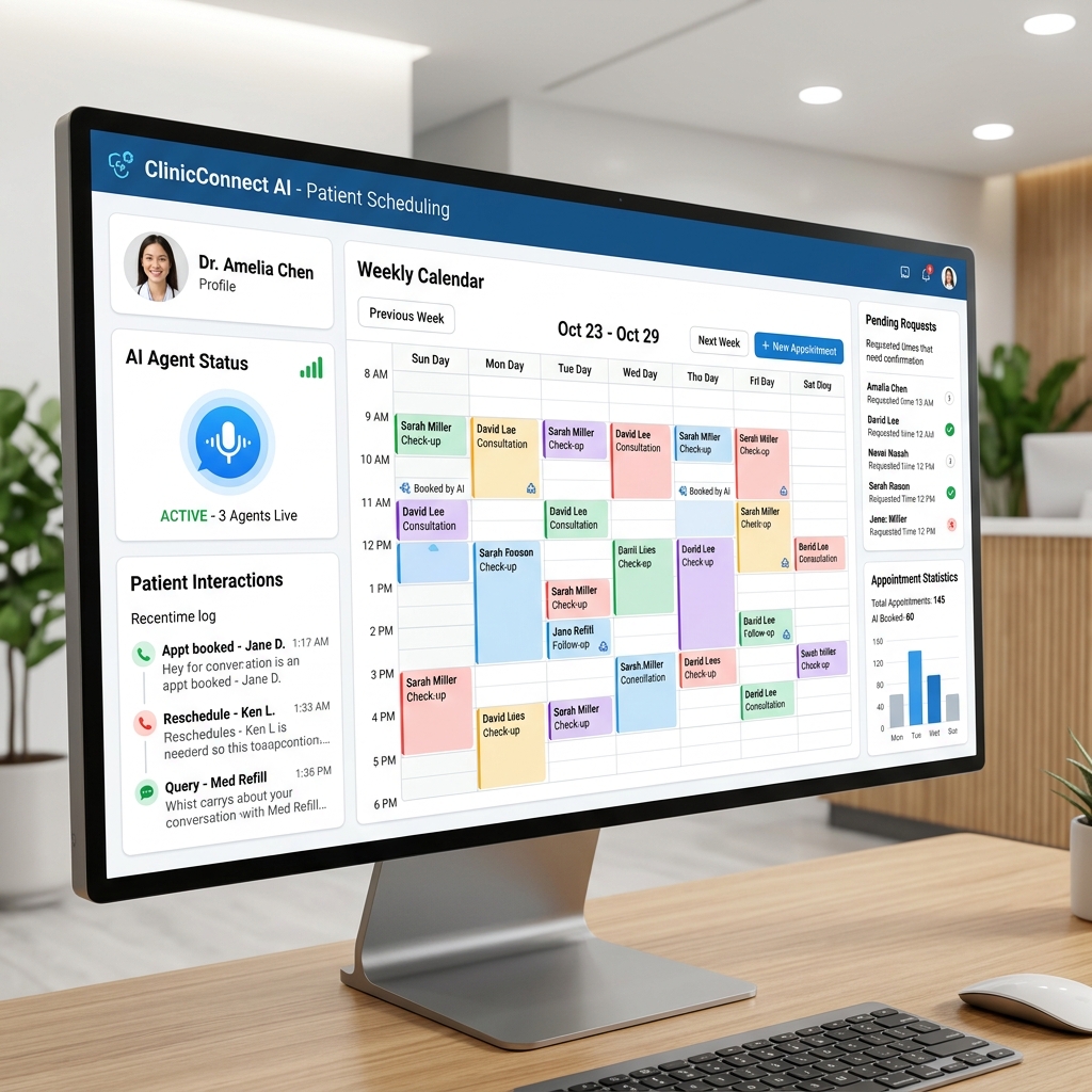 Dashboard showing an AI voice agent connected to a clinic calendar
