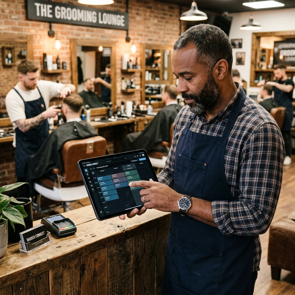 Barbershop owner checking staff-specific booking calendar on a tablet
