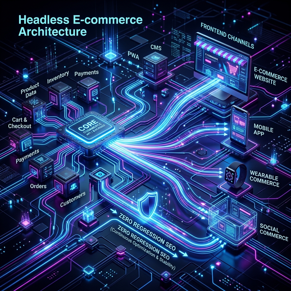 Conceptual 3D illustration of a fast headless e-commerce architecture