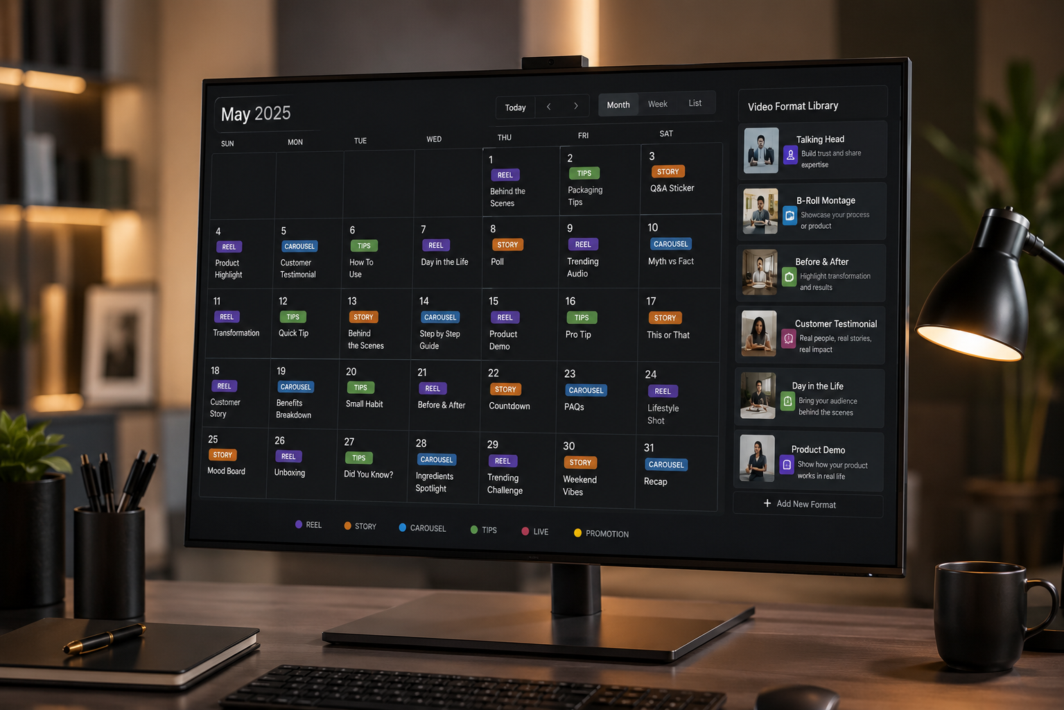 Monthly content calendar showing rotating video format library