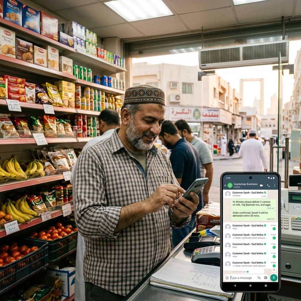 Small shop owner in Dubai managing automated WhatsApp orders on a phone
