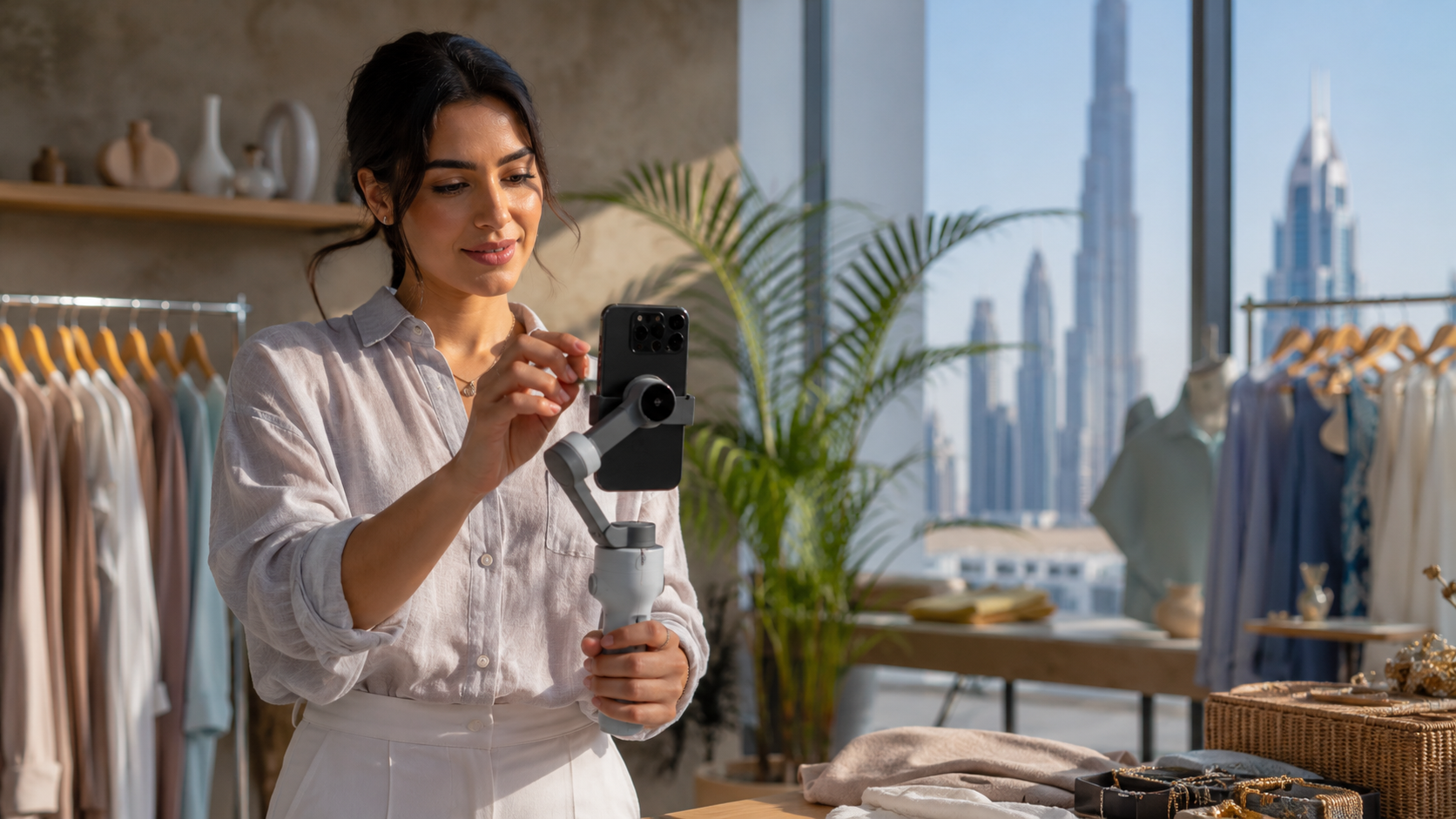 Small business owner in Dubai filming a behind-the-scenes Reel on a smartphone