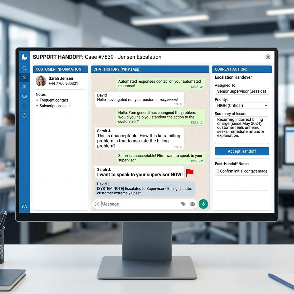 Staff handoff screen showing an escalated WhatsApp customer conversation
