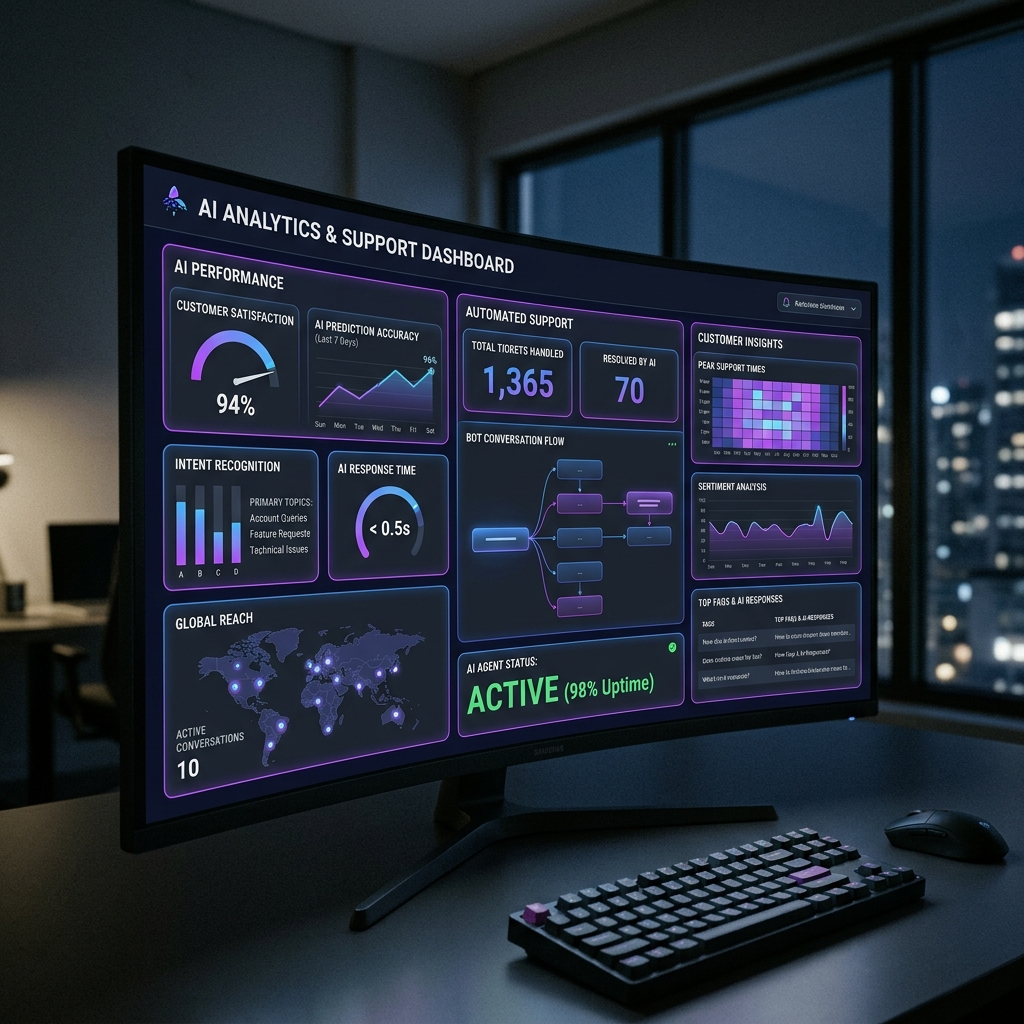 AI Analytics and Support Dashboard showing customer support metrics