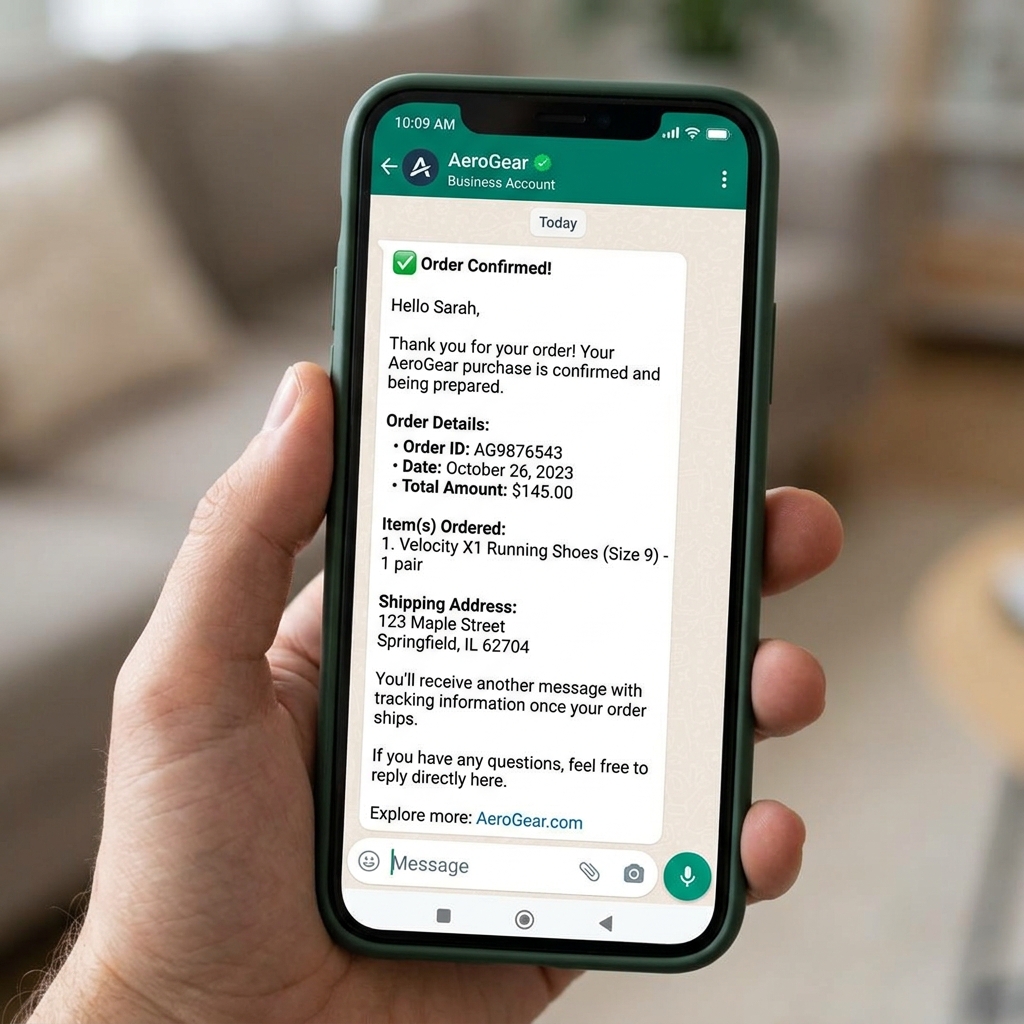 Order confirmation message sent automatically via WhatsApp Business API